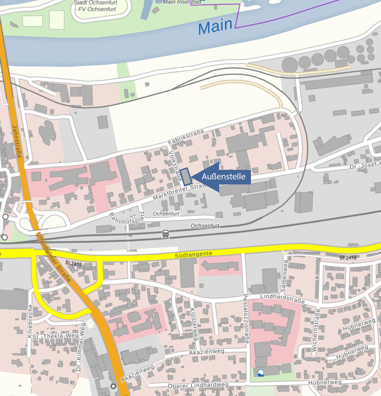  Stadtplan mit Markierung Außenstelle Ochsenfurt, Völkstraße 1