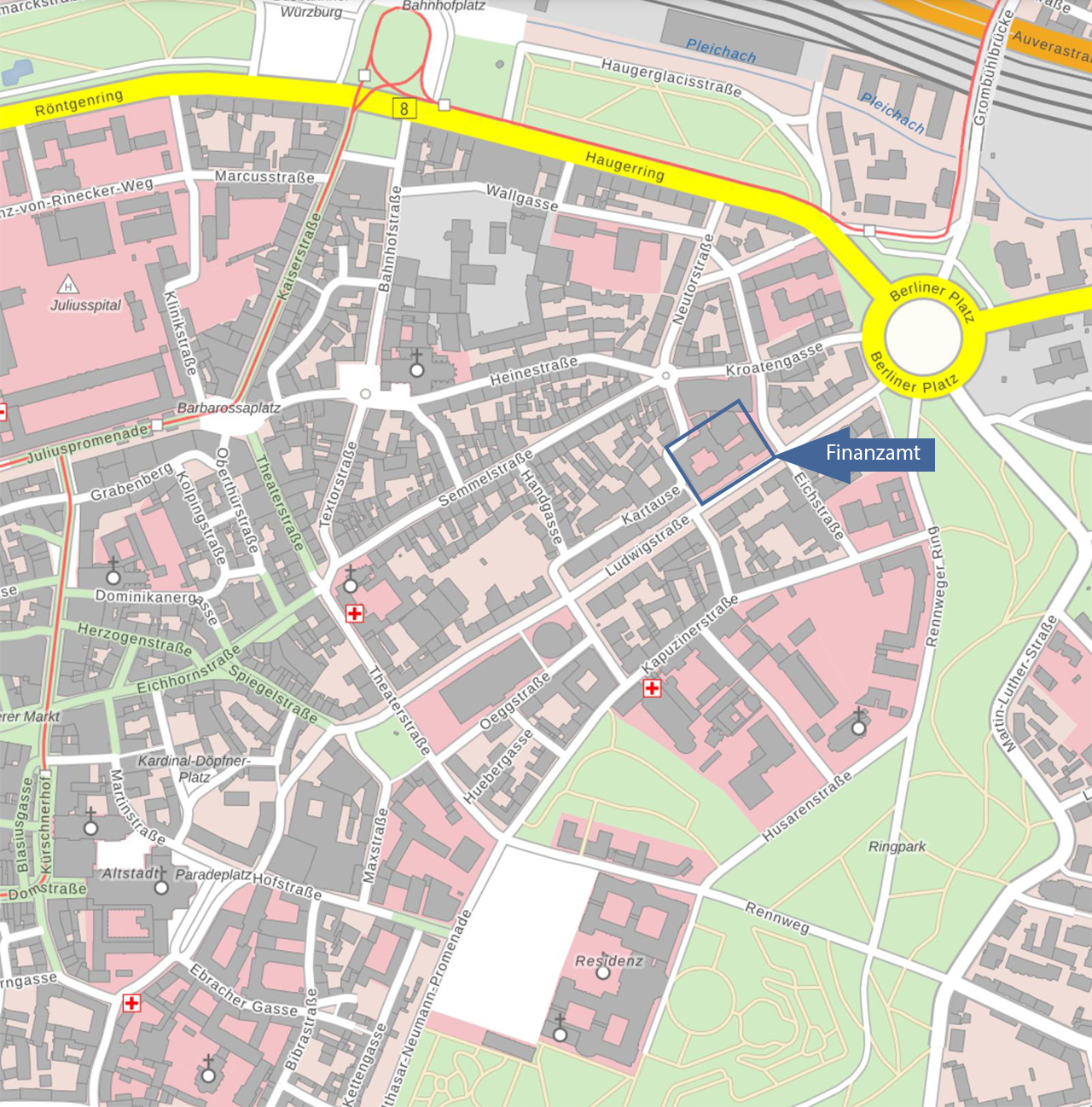  Stadtplan mit Markierung Finanzamt Würzburg, Ludwigstraße 25